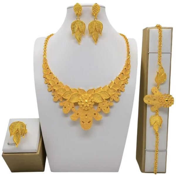 Fashion Dubai Flower Design Luxury 24k Gold Color Women's Jewelry Set African Fashion Bracelet Earrings Necklace Ring Four Piece