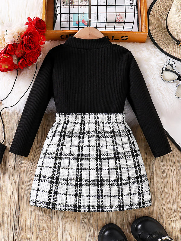 Spring and autumn fashion girls casual 2-piece micro elastic solid color knitted crew-neck long-sleeved top + plaid skirt