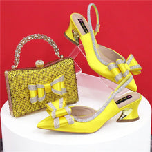 Med Heel Shoes for Women Hollowed Out Embroidery Rhinestone Italian Design Olive-green Color Pointed-Toe Shoes and Bags Set