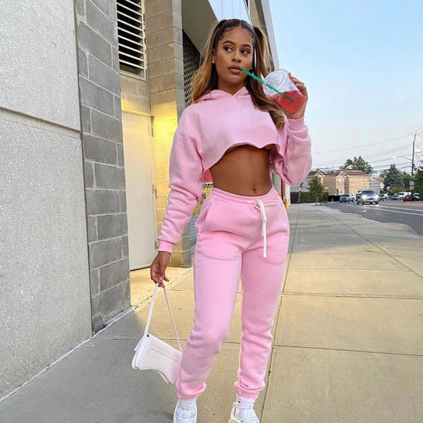 Women's Fitness Running Sets Fleece Long Sleeve Cropped Hoodies+Jogger Tracksuit