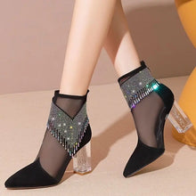 Rubber Soled Dance Boots Women 2025 Spring Pointy Rhine-diamond Tassel High Heel Mesh Latin Jazz Modern Dance Shoes Stage Show