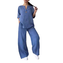 Cotton Linen Sets Two 2 Pieces Sale Casual Long Sleeve Button Loose Blouse Shirt&High Elastic Wide Leg Loose Pant Suits NMD-3021