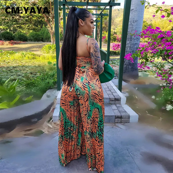 CM.YAYA Women Leopard Spaghetti Strap Loose Wide Leg Sleeveless Jumpsuit 2023 Summer Street Playsuit One Piece Suit Romper