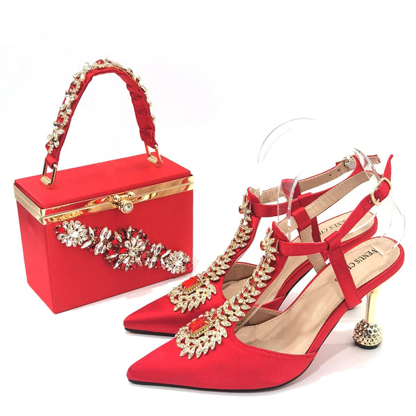 Women's Diamond Decorated Pointed Toe Italian Shoes And Bag Set