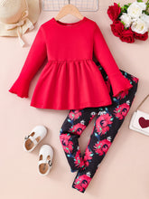Spring and Autumn girls fashion outdoor casual 2-piece set solid color round neck flared sleeve hem pleated shirt + printed tigh