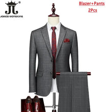 High-end Brand Classic Blue or Gray Plaid Men's Casual Business Suit Retro Official Suit Groom Wedding Dress Jacket Vest Pants