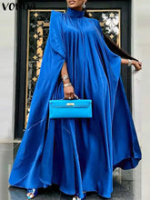 Women Evening Maxi Dress VONDA 2023 Summer Stand Collar Elegant Satin Long Bat Sleeve Pleated Sundress Casual Solid Robe Femme