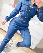 Two-Piece Set for Women 2024 Spring Tracksuit Denim Style Long Sleeve Pocket Button Design Shirt & Elastic High Waist Pants Set