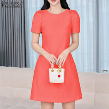 ZANZEA Korean Fashion Puff Sleeve Short Dresses Commute Elegant Solid Fitted Waist Party Robes Women Textured A-line Vestidos