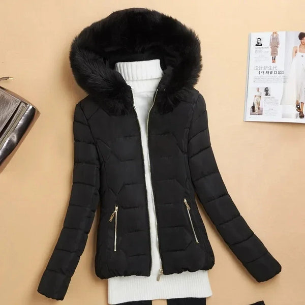 Women's Winter Cotton Padded Big Fur Collar Warm Parkas Jackets
