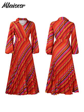 Mlaiscsr Elegant Striped Printed V Neck Long Sleeve High Waisted Pleated Mid Dresses Women Boho Beach Party Evening Vestidos New