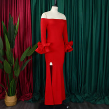 Elegant Sexy Side Slit Long Dress For Women Independent Stand Trade Clothing One-character Collar Leaf Sleeves Evening Dress