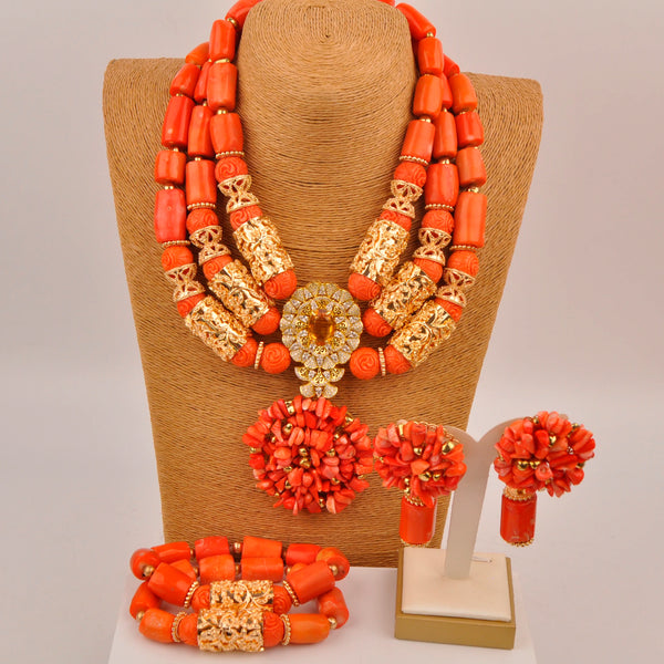 Natural coral beads orange necklace set for stylish Nigerian wedding couple African jewelry