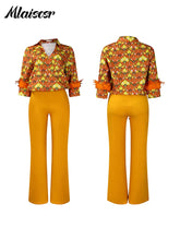 Mlaiscsr Elegant Print Feather Long Sleeve and Wide Leg Pants 2 Pieces Women Matching Sets Fashion Office Lady Birthday Outfits
