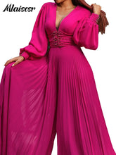 Mlaiscsr Elegant Evening Party Jumpsuit Long Sleeved Waist Pearl Bead Mesh Loose Wide Leg Pleated Long Dinner One Pieces Rompers