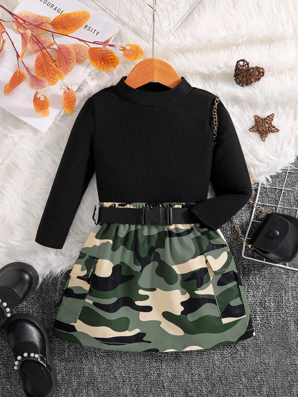 2-piece children's clothing autumn fashion girls' set - black round neck long sleeved top and camouflage skirt