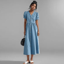 2024 autumn fashion women's blue denim short sleeves dress trendy v-neck single breasted dresses female
