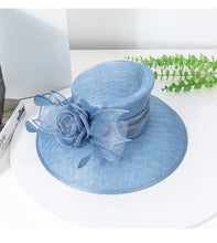 Luxury Blue Sinamay Church Hat For Women Elegant Feather Wedding Bridal Bowler Hats Cocktail Party Derby Cap Chapeau Femme