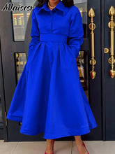 Mlaiscsr Lapel Button A Lint Khaki Mid Dress Women Elegant Office Long Sleeve Bandage Pocket Pleated Birthday Commuter Vestidos