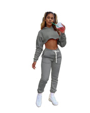 Women's Fitness Running Sets Fleece Long Sleeve Cropped Hoodies+Jogger Tracksuit