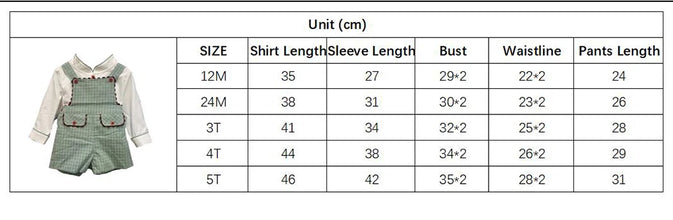 Children's Boutique Clothing Autumn Toddler Boys Cotton Long Sleeve Set White Shirt Green Plaid Bib Pants British Style