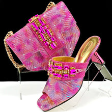 QSGFC Italian Fashion Square toe Women Strange Heels Bigger size Fashion Rhinestone Decoration Brown Shoes And Bag set Party bag