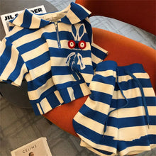 Spring and summer casual fashion sportswear slim fit striped printed short sleeved top+shorts two-piece set