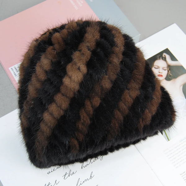 Women's Faux Fur Natural Knitted Cap Fashionable Fluffy Beanie