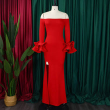Elegant Sexy Side Slit Long Dress For Women Independent Stand Trade Clothing One-character Collar Leaf Sleeves Evening Dress