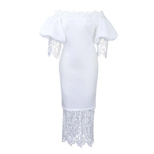Trend Fashion Lace Midi Dress Women Slash Collar Short Sleeve Stitching Off-Neck Dress High Waist Solid Color Bodycon Sexy Dress