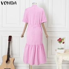 Elegant Striped Printing Short Sleeve Maxi Long Dress Casual Daily Shirt Dress 2025 VONDA Beach Party Sundress Bohemian Vestidos