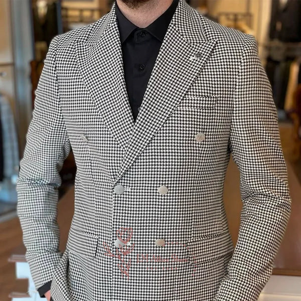 Men's classy jacket in white vintage houndstooth pattern peak lapel custom daily wear for birthday wedding prom Carnaval party