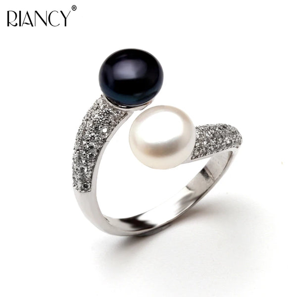 Beautiful Natural Double Pearl Rings For Women,Wedding 925 Silver Pearl Ring Adjustable Wife Mother Birthday Gift White Black