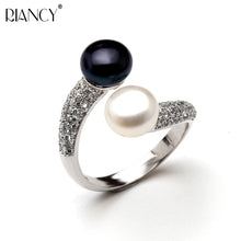 Beautiful Natural Double Pearl Rings For Women,Wedding 925 Silver Pearl Ring Adjustable Wife Mother Birthday Gift White Black