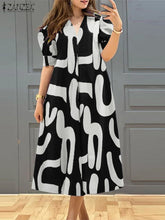 ZANZEA Women's A-line Midi Dresses Street Fashion All-Over Print Short Puff Sleeve V-Neck Robes Femme 2025 Summer Loose Vestidos