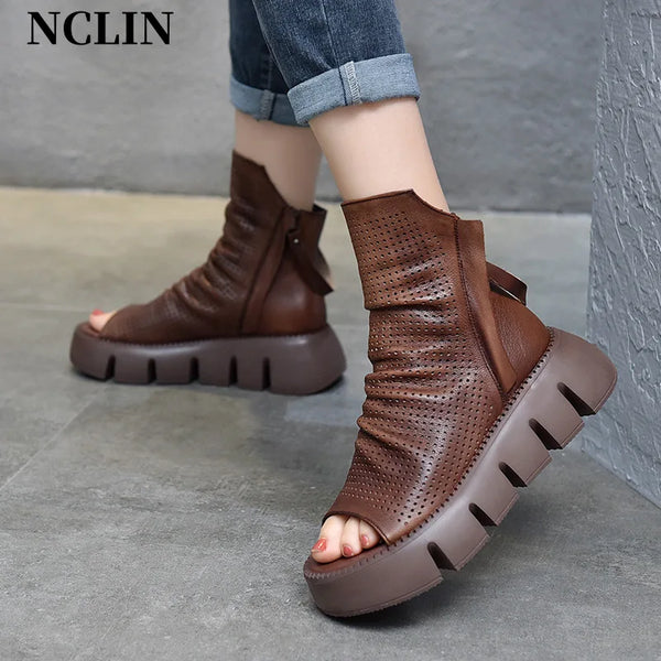 2024 New Summer Women Sandals Round Toe Chunky Heel Platform Shoes Genunine Leather Cover Heel GLADIATOR Sandals Women Handmade