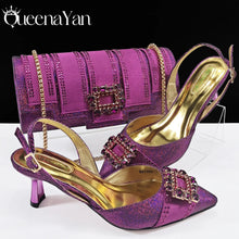 Spot Goods Italian Fashion Women Heels Elegant Color Block Design Brown Shoes And Bag Full Rhinestone Party Bag