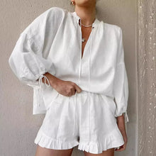 Fashion White Long Sleeve Shirts And Shorts Two Piece Sets Women 2025 Summer Cotton Casual Home 2 Piece Sets Women Outfit