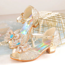 Summer Girls Sandals With Heel Fashion Rhinestone Shiny Glitter Shoes Children Princess Bowtie Dancing Shoes H876