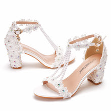 Plus Size 34-43 Shoes for Women Summer Lace Flower Sandals Peep Toe Fashion String Bead High Heel Party Wedding Evening Shoes