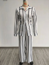 Women's Fashionable Strip Casual Two pieces Long Pants and Shirt