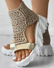 2024 Hot Seller New Gold Knitted Sandals for Women Braided Elastic Summer Shoes Mesh Flat Bottom Hollow Out Female Sandals