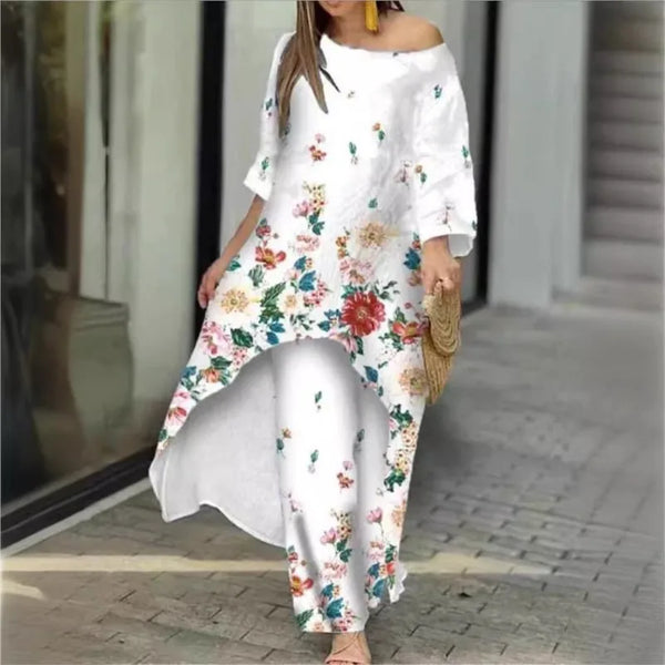 Women's Fashion Spring/Summer Casual Loose Irregular Printed Nine Sleeve Round Neck Shirt High Waist Wide Leg Pants 2-piece Set