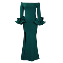 Elegant Sexy Side Slit Long Dress For Women Independent Stand Trade Clothing One-character Collar Leaf Sleeves Evening Dress