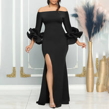 Elegant Sexy Side Slit Long Dress For Women Independent Stand Trade Clothing One-character Collar Leaf Sleeves Evening Dress