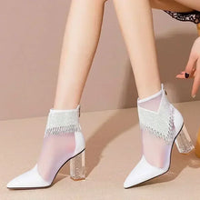 Rubber Soled Dance Boots Women 2025 Spring Pointy Rhine-diamond Tassel High Heel Mesh Latin Jazz Modern Dance Shoes Stage Show