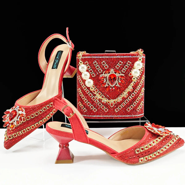 Queena Yan Red Color  Elegant Women Heel Shoes Bag With Rhinestone Decoration Chain Metal Rhinestone Decoration Wear-resistant