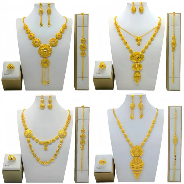 Fashion Dubai Flower Design Luxury 24k Gold Color Women's Jewelry Set African Fashion Bracelet Earrings Necklace Ring Four Piece