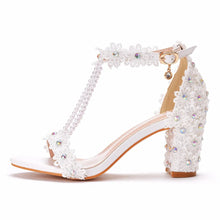 Plus Size 34-43 Shoes for Women Summer Lace Flower Sandals Peep Toe Fashion String Bead High Heel Party Wedding Evening Shoes