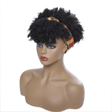 Short Kinky Curly Headband Wig Afro Puff Curly Headband Wig with Bangs for Women Natural Ombre Blonde Synthetic Turban Wrap Wig
